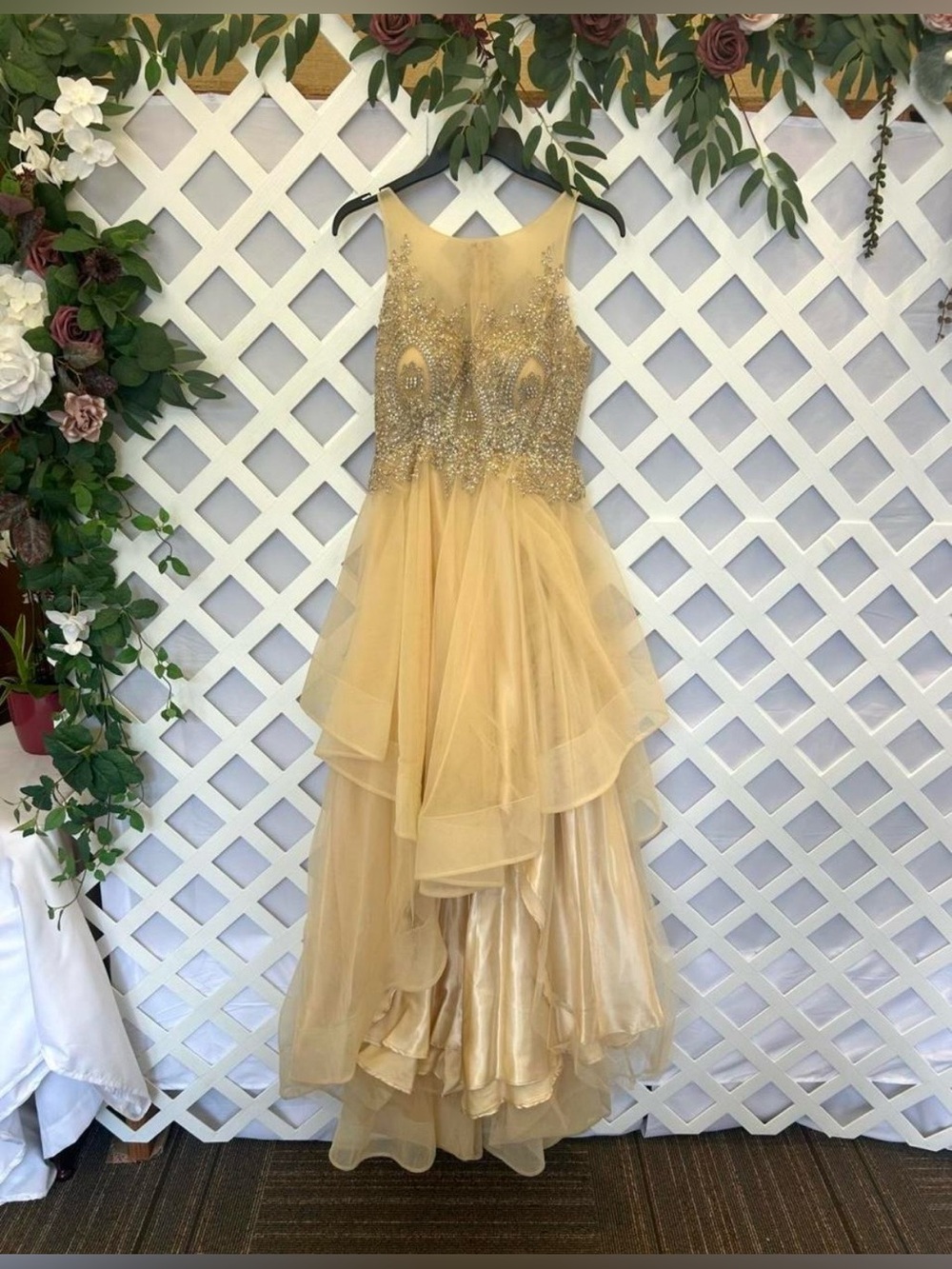 Gold Beaded Tulle High Low Formal Dress XS Sheer Illusion Bodice Prom Wedding